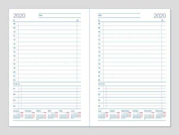 Datebook 2020. Dagboek 2020. Dagplanner 2020 — Stockvector