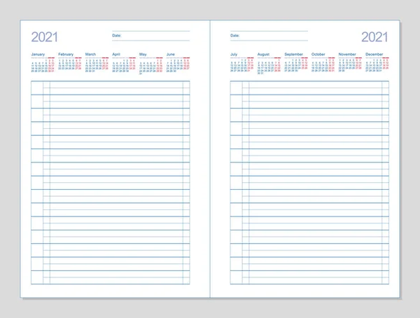 Datebook 2021. Journal 2021. Planificateur quotidien 2021 — Image vectorielle