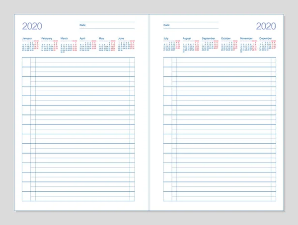 Datebook 2020. Diary 2020. Daily planner 2020 Stock Illustration