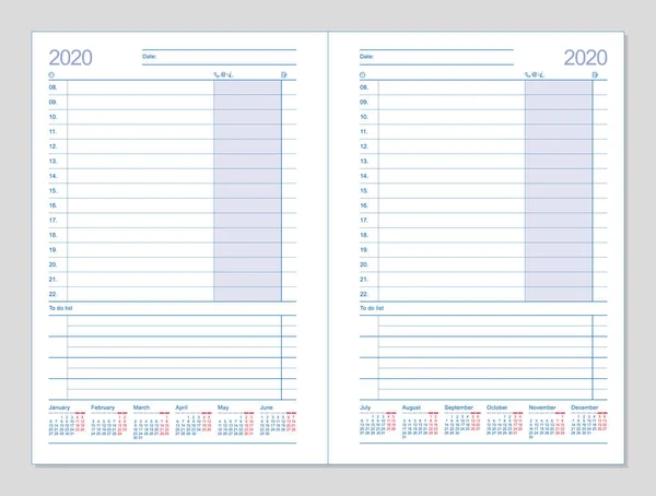 Datebook 2020. Dagboek 2020. Dagplanner 2020 — Stockvector