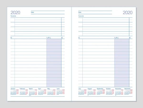 Datebook 2020. Diário 2020. Planeador diário 2020 Vetores De Bancos De Imagens