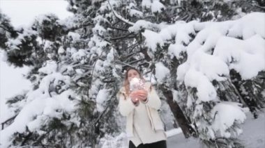 Kız ile maytap üzerinde orman, kar