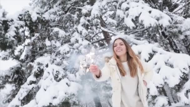 Flicka med tomtebloss på skogen på snö — Stockvideo