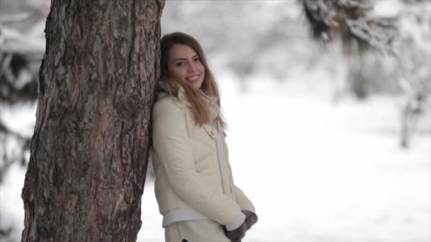 在下雪天森林里的女孩。寒冷的冬天 — 图库视频影像