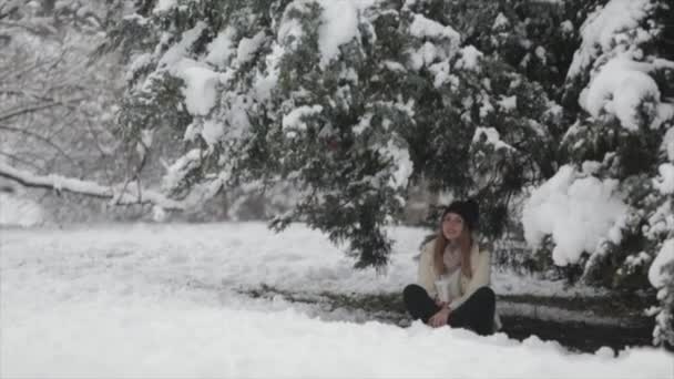 Flicka i den snöiga skogen. En massa snö — Stockvideo