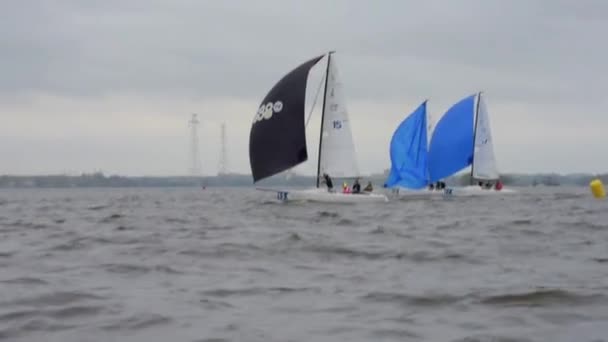 Sailing Boat Navigating With Open Sails — Stock Video