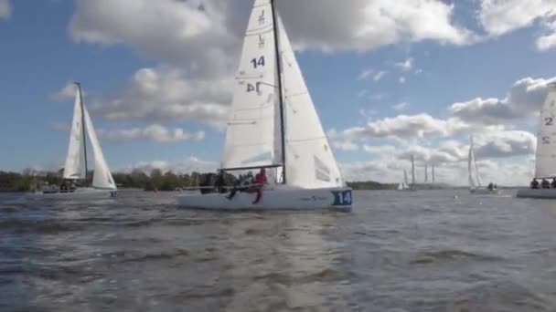 Jacht łódź regaty żeglarskie wyścigi pontonem — Wideo stockowe