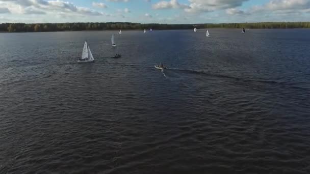 Aerial View Sailing Boat Navigating With Open Sails — Stock Video