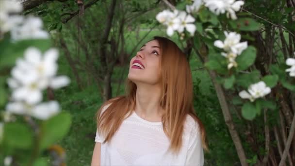 Красивая молодая женщина отдыхает в прекрасном лесу — стоковое видео