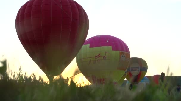 许多热气球飞过山谷 俄罗斯 克拉斯诺达尔地区 Abinsk 2018年5月12日航空节 Abinskiy — 图库视频影像