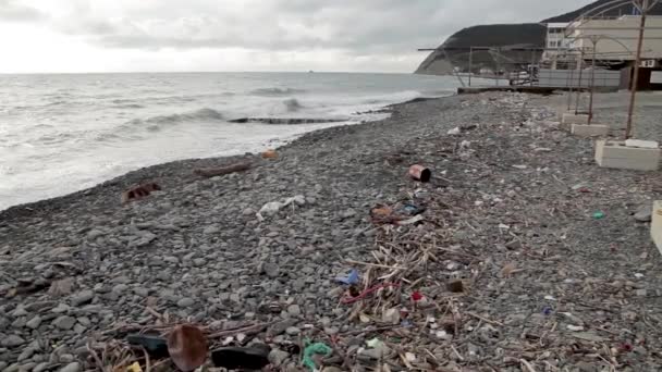 海滩上和海里的塑料瓶。 黑海，俄罗斯，塔普塞 — 图库视频影像