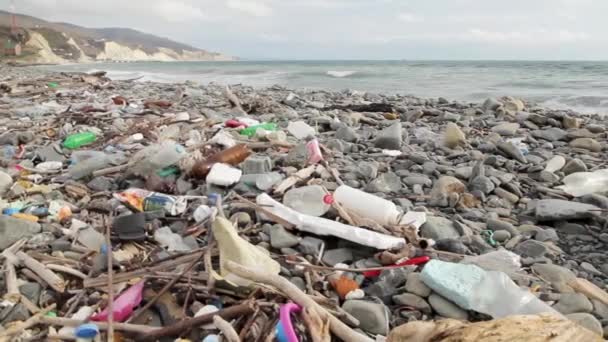 海滩上和海里的塑料瓶。 黑海，俄罗斯，塔普塞 — 图库视频影像