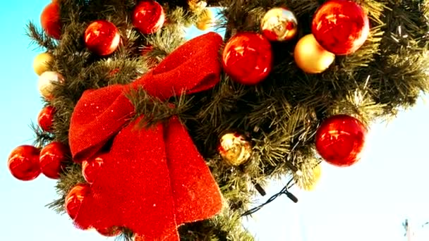 Xmas. Three close-ups. Red ribbon and Christmas decorations. — Stock Video