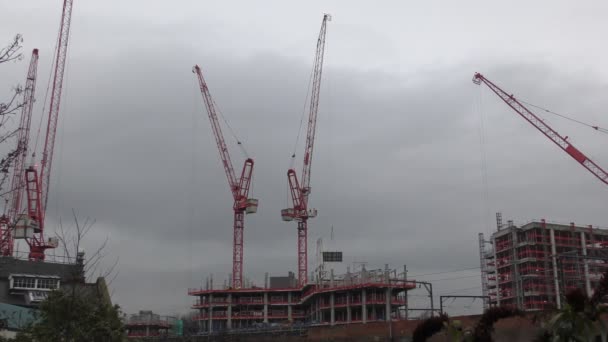 Bouw kranen zijn de bouw van het gebouw. — Stockvideo