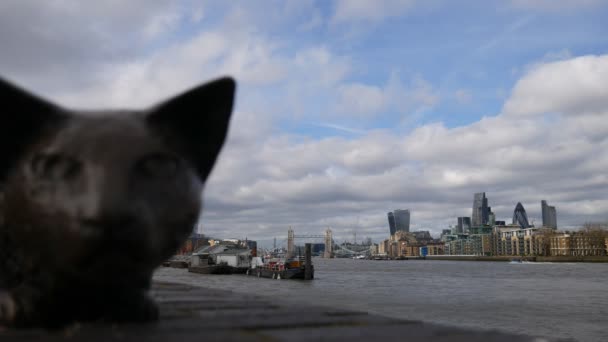 Železo kočka na pozadí nábřeží a mraky. — Stock video