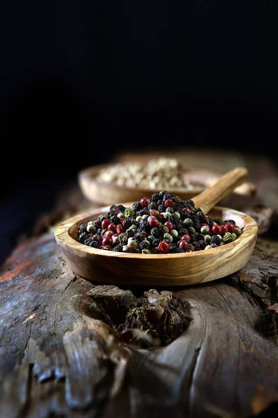 Mixed Mediterranean Rainbow Peppercorn Seeds Shot Rustic Setting Dark Creative — Stock Photo, Image