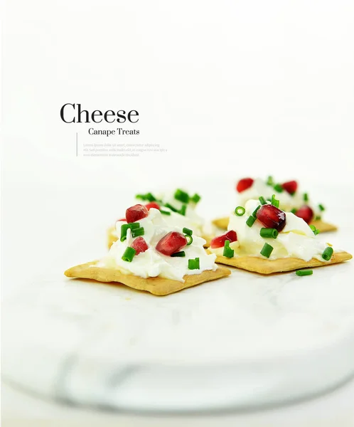 Fresh Bright Image Thick Generous Cream Cheese Canapes Chives Pomegranate — Stock Photo, Image