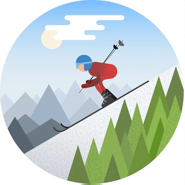 Sciatore scivolo dalla collina innevata — Vettoriale Stock