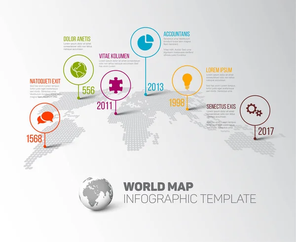 Mapa del mundo con marcas de puntero e iconos — Vector de stock