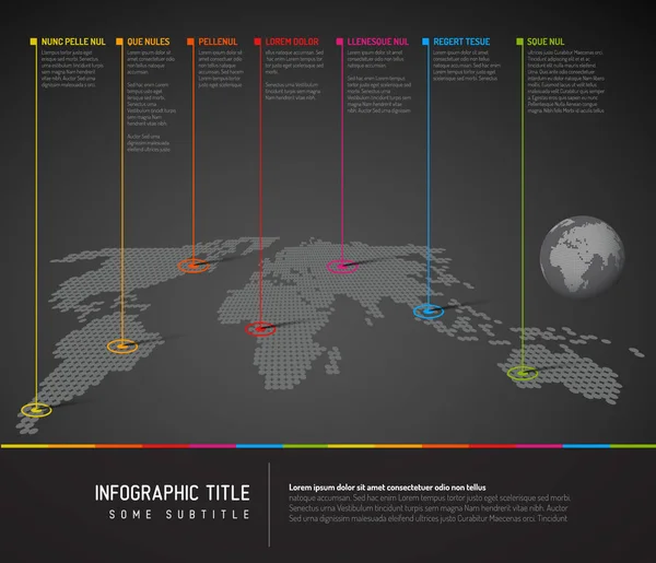 Infographic: Dark World map with pointer marks — Stock Vector