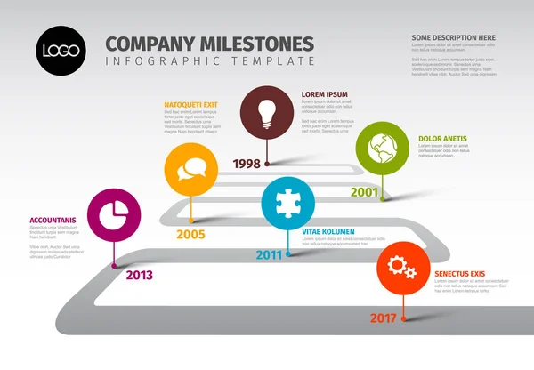 Infografía Plantilla de línea de tiempo de hitos de la empresa — Archivo Imágenes Vectoriales