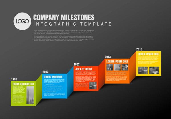 Color blocks timeline template with sample photos and text content made from folded paper - dark version