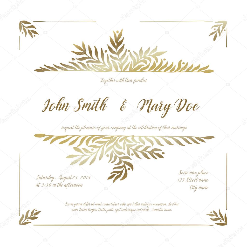 Vector wedding invitation card template with golden floral elements