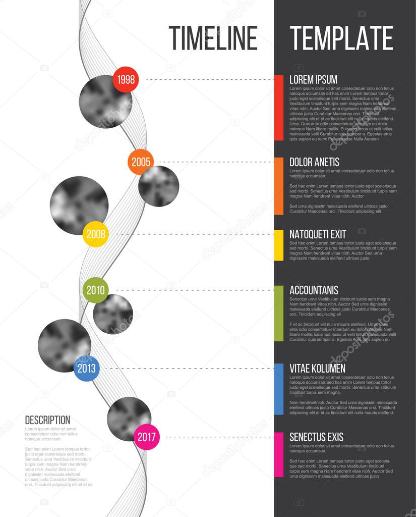 Vector Infographic Company Milestones Timeline Template with circle photo placeholders on colorful line - vertical version