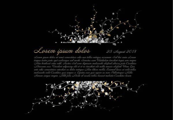 Черный Шаблон Похоронной Карточки Белыми Золотыми Листьями Место Вашего Содержания — стоковый вектор