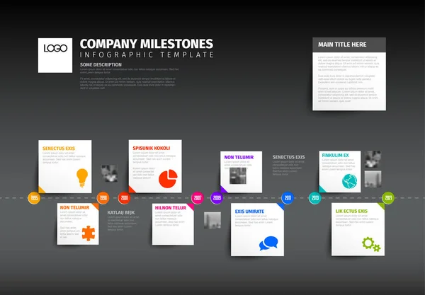 Vektorinfografische Zeitberichtsvorlage Mit Horizontaler Zeitachse Symbolen Und Einfachen Inhaltsboxen Dunkle — Stockvektor