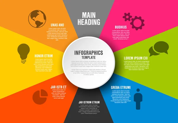 Modelo Diagrama Infográfico Vetorial Com Seções Cores Texto Ícones — Vetor de Stock