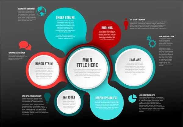 Vector Rood Teal Infographic Rapportsjabloon Met Cirkels Pictogrammen Donkere Achtergrond — Stockvector