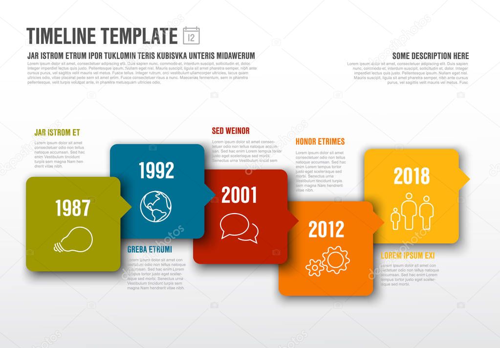 Vector Infographic horizontal timeline template made from arrow bubbles and icons