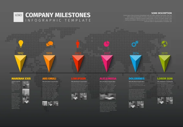 Vektor Infographic Társaság Mérföldkövei Időskála Sablon Mutatók Háttér Sötét Szürke — Stock Vector