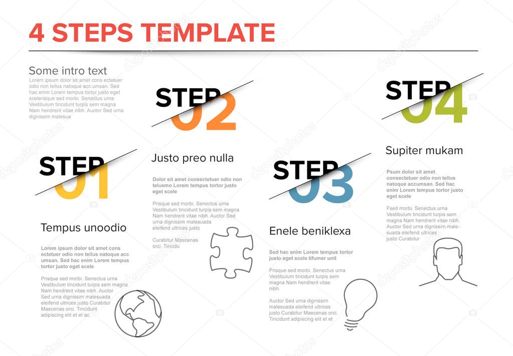 Vector modern four steps progress template with descriptions and icons