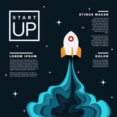 Başlangıç Infographic poster şablonu uzay roketi - karanlık sürüm ile kağıt kesme