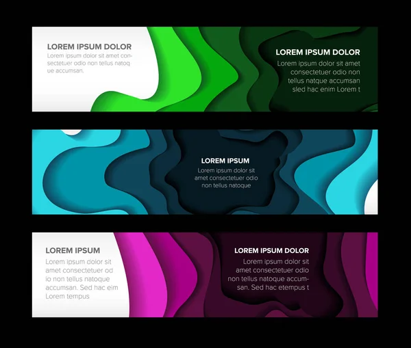 Conjunto Plantillas Banners Horizontales Con Fondo Abstracto Corte Papel Colorido — Archivo Imágenes Vectoriales