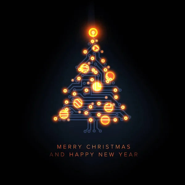 電気回路で作られた木とクリスマスカード — ストックベクタ