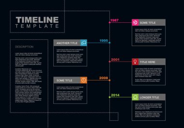 Infographic zaman çizelgesi rapor şablonu en büyük dönüm noktası, yıl ve açıklama - karanlık zaman çizelgesi şablonu sürümü vektör