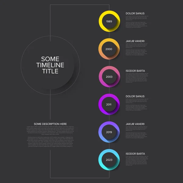 Vector Infographic Timeline Template Vertical Line Circle Button Shadow Various — 스톡 벡터