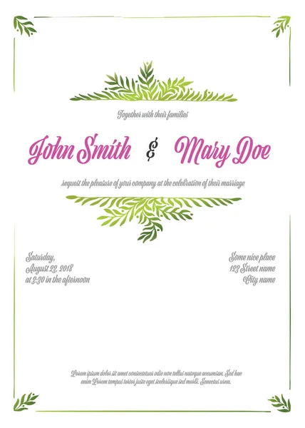 Vector Fresh Green Pink Wedding Invitation Card Template Floral Elements — Stock Vector