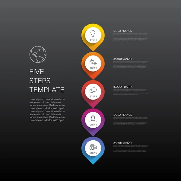 1つの2つの3つの4つの5つのベクトル垂直進行テンプレート 5つの手順と説明 暗い背景バージョン — ストックベクタ