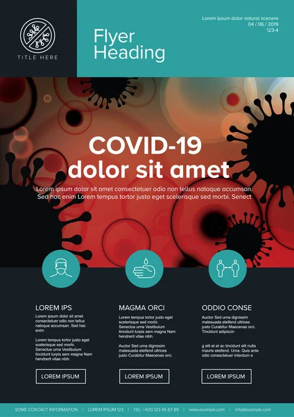 Volantino Vettoriale Modello Copertina Con Illustrazione Coronavirus Icone Luogo Vostre — Vettoriale Stock