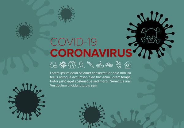 Vector flyer template with coronavirus illustration, icons and place for your information - teal red version