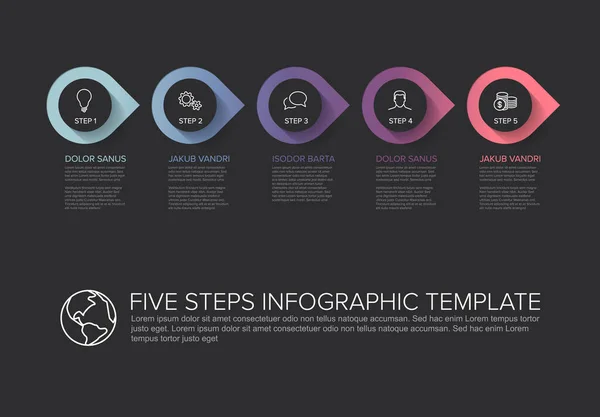 1つの2つの3つの4つの5つのベクトル進行テンプレート 5つのステップと説明 暗めの背景バージョン — ストックベクタ