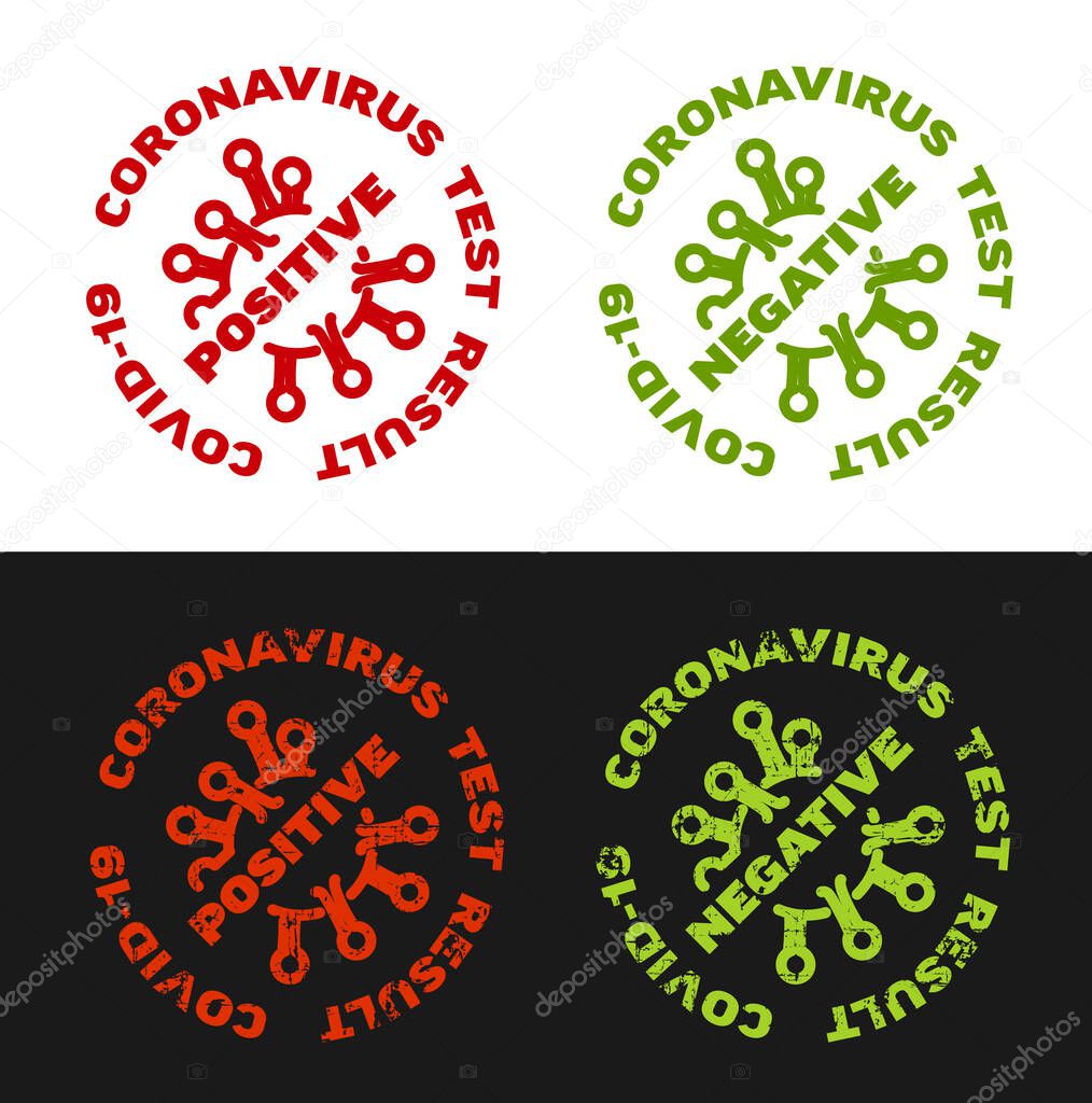 Coronavirus covid-19 test result label tag stamps - red positive and green negative with grunge version isolated on dark background