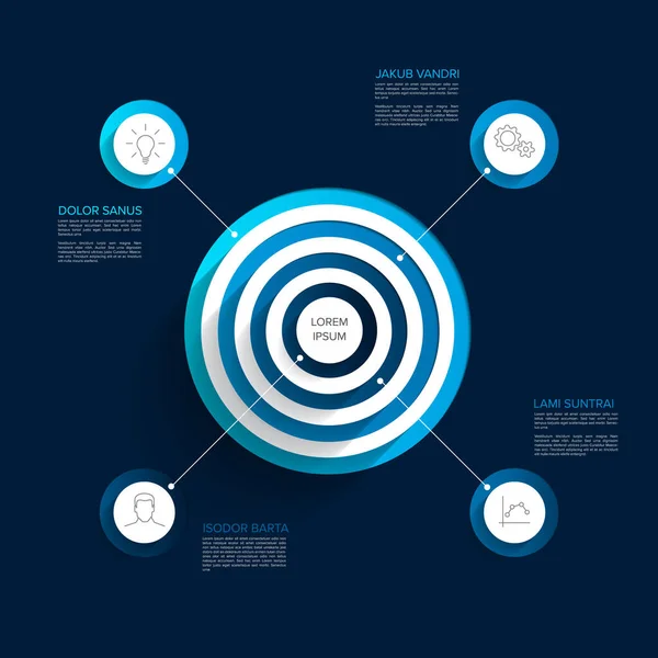 Modèle Infographie Vectorielle Polyvalente Avec Quatre Éléments Autour Des Cercles — Image vectorielle