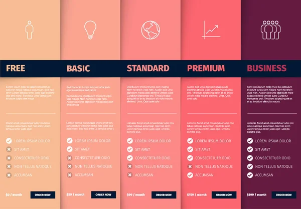 製品サービス機能は リストテーブルテンプレートをさまざまなオプション 価格と比較する ピンク色のバージョン — ストックベクタ