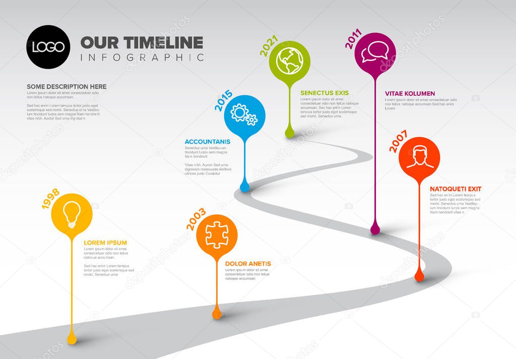 Vector Infographic Company Milestones Timeline Template with droplet pointers on a curved road line