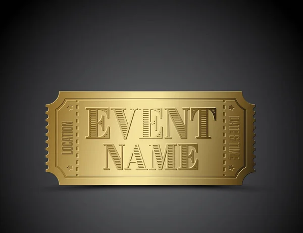 Vector Gouden Metalen Ticket Template Voor Evenement Een Donkere Achtergrond — Stockvector